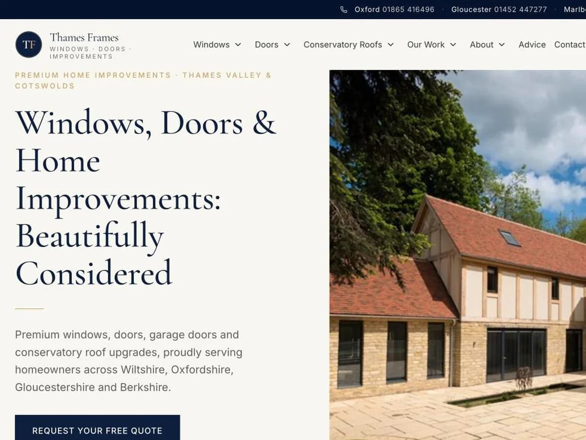 The Thames Frames website home page, showing the headline 'Windows, Doors and Home Improvements: Beautifully Considered' beside a photo of a timber-framed house with new windows